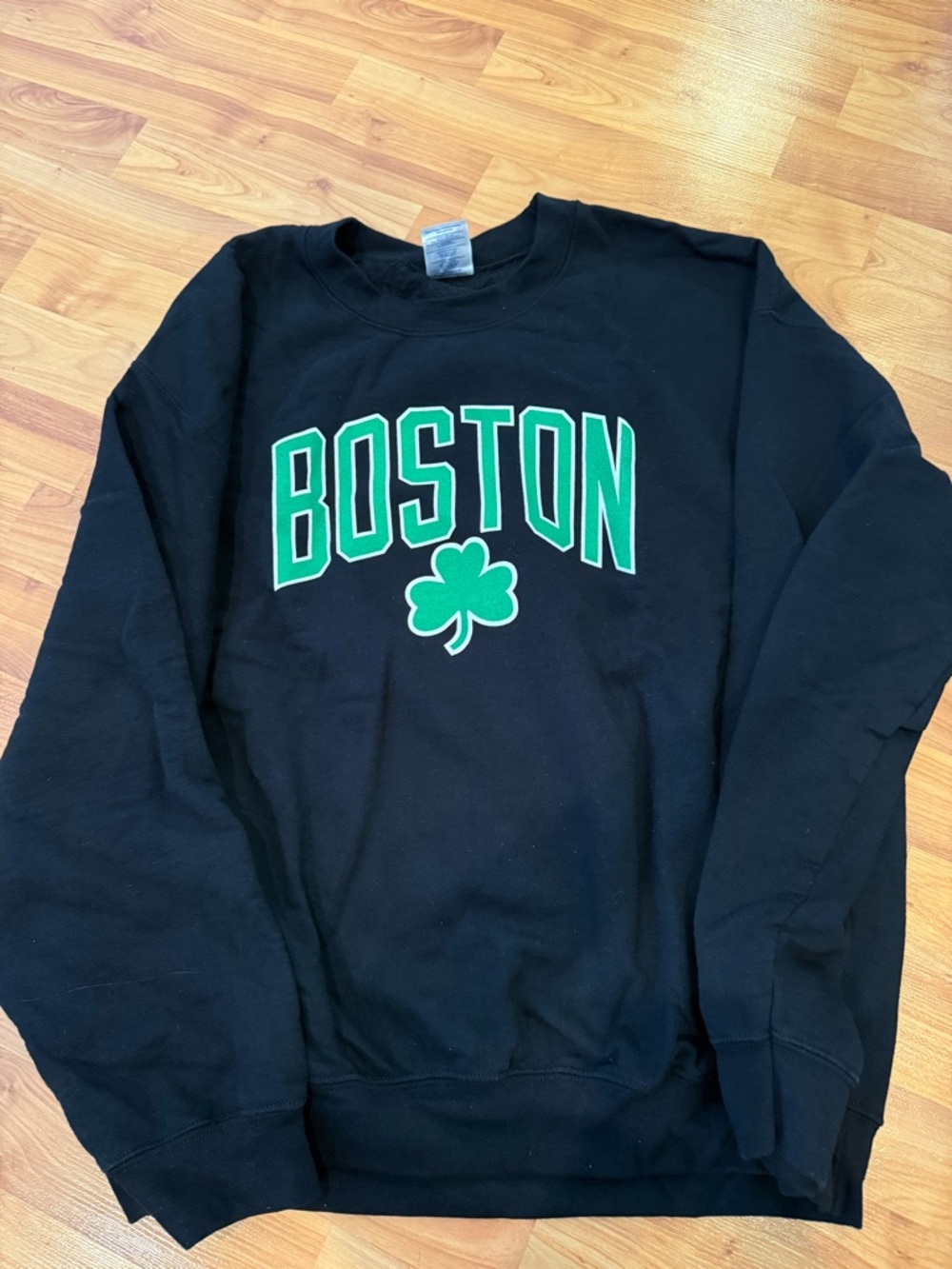 Gildan Black Crewneck Sweatshirt with Green Boston Logo